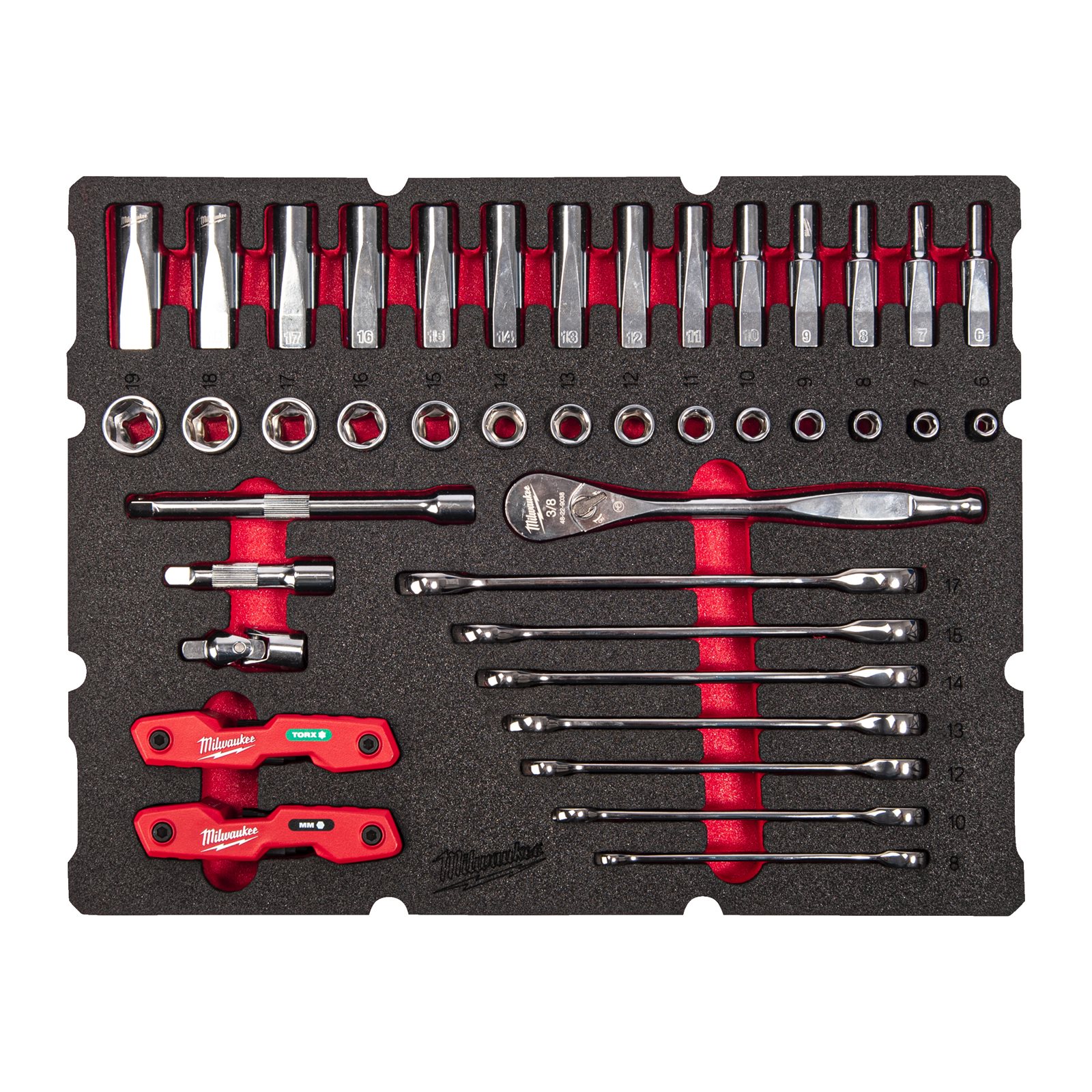 Inserție spumă PACKOUT 55 buc chei combinate, chei combinate cu clichet 3/8" Milwaukee